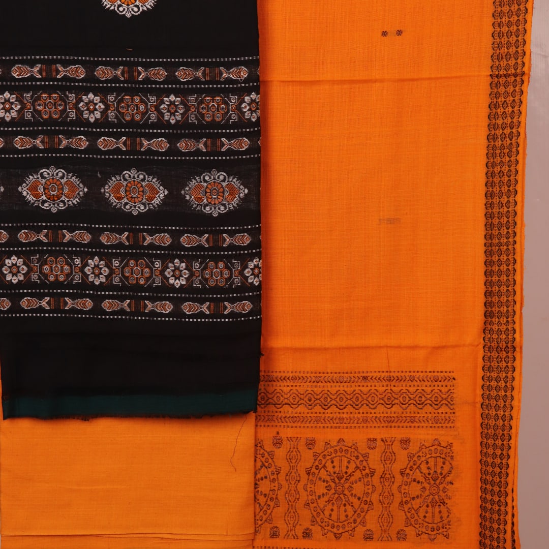 Coordinating blouse piece of the Bomkai Cotton Dress Material, featuring complementary design in black and yellow.