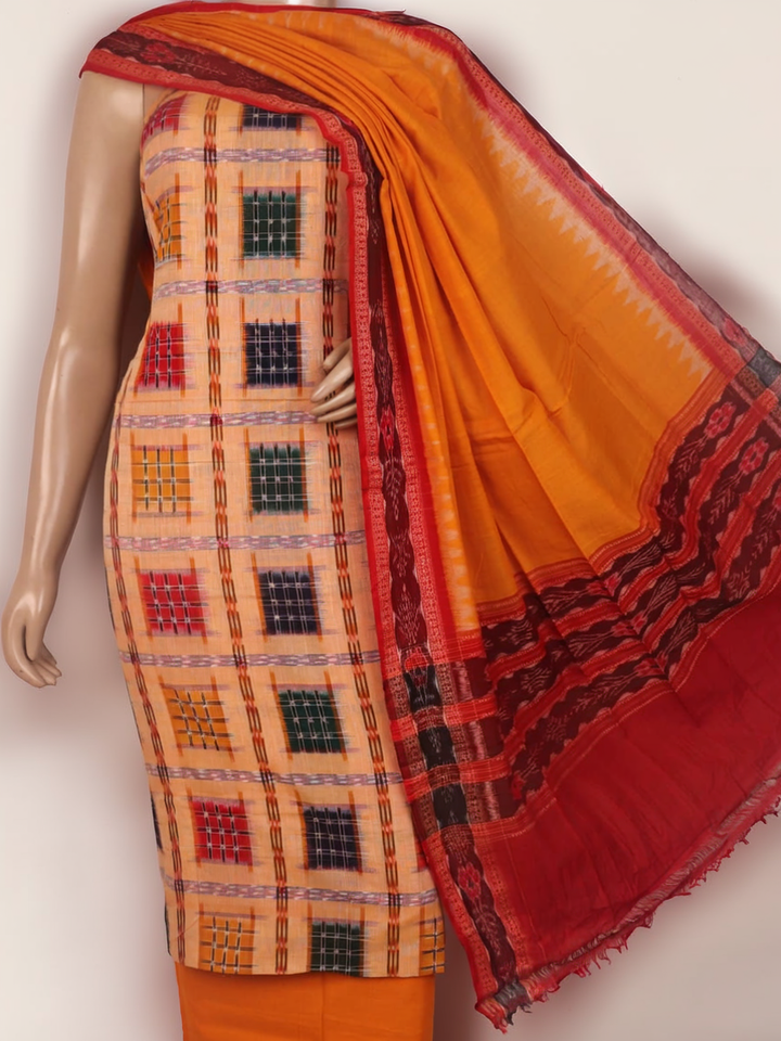 Detail of cream and yellow motif Sambalpuri cotton blouse piece.
