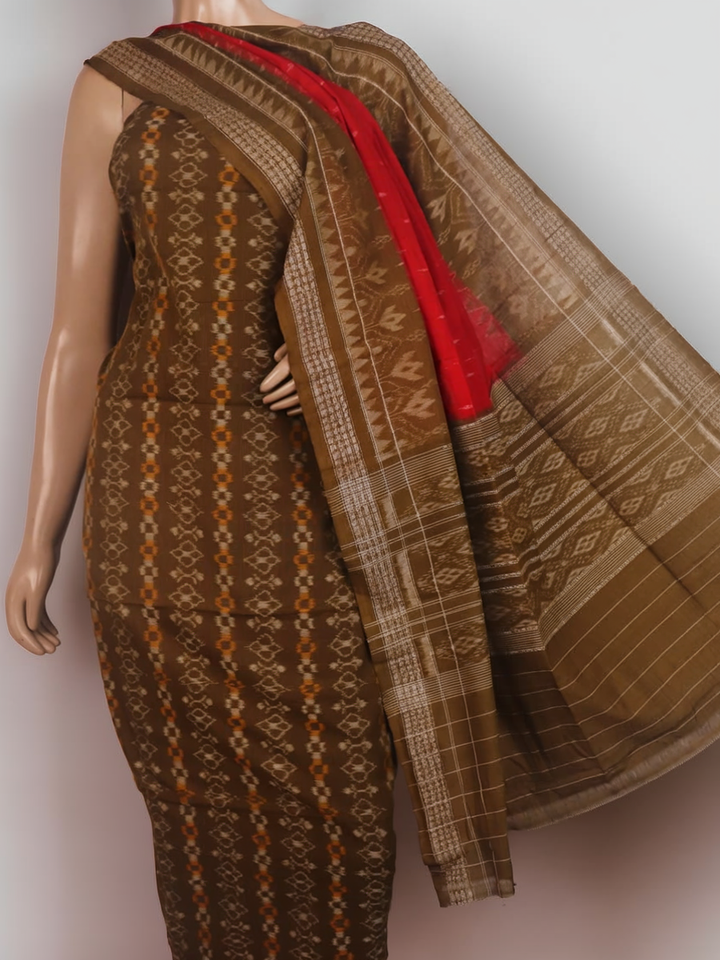Green Sambalpuri cotton dress material blouse piece with red motifs.