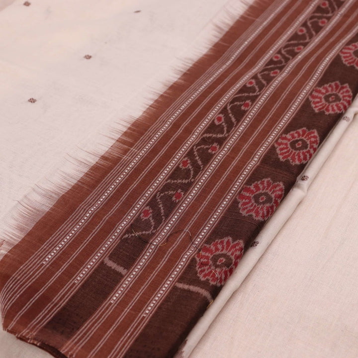 White and Brown Cotton Sambalpuri Dupatta with Butta Pattern, Draped and Styled