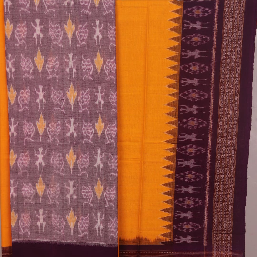 Sambalpuri cotton dress material: Multi-color and yellow motif blouse piece detail.