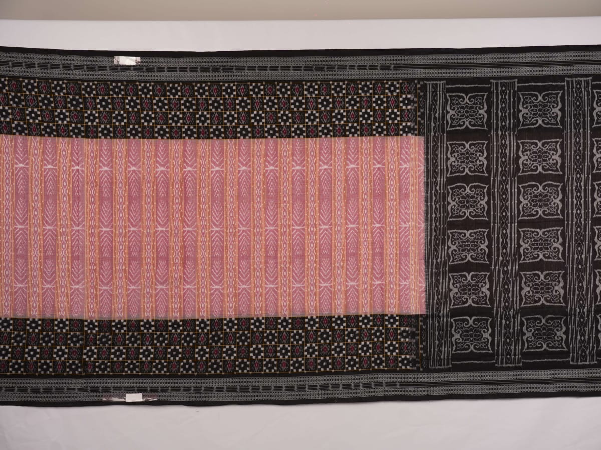 Model wearing a black Sambalpuri cotton saree with multi-color Pasapalli pattern in a full drape.