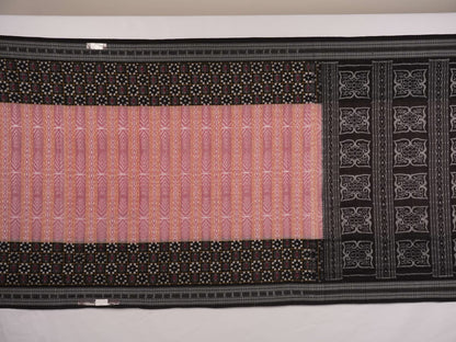 Model wearing a black Sambalpuri cotton saree with multi-color Pasapalli pattern in a full drape.