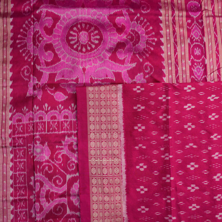 Detail of the luxurious silk texture and exquisite handloom weave of the Multi-color Pink Sambalpuri Saree.