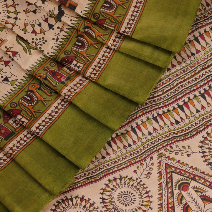 Close-up of multi-color Tussar silk saree with handwoven motifs in green