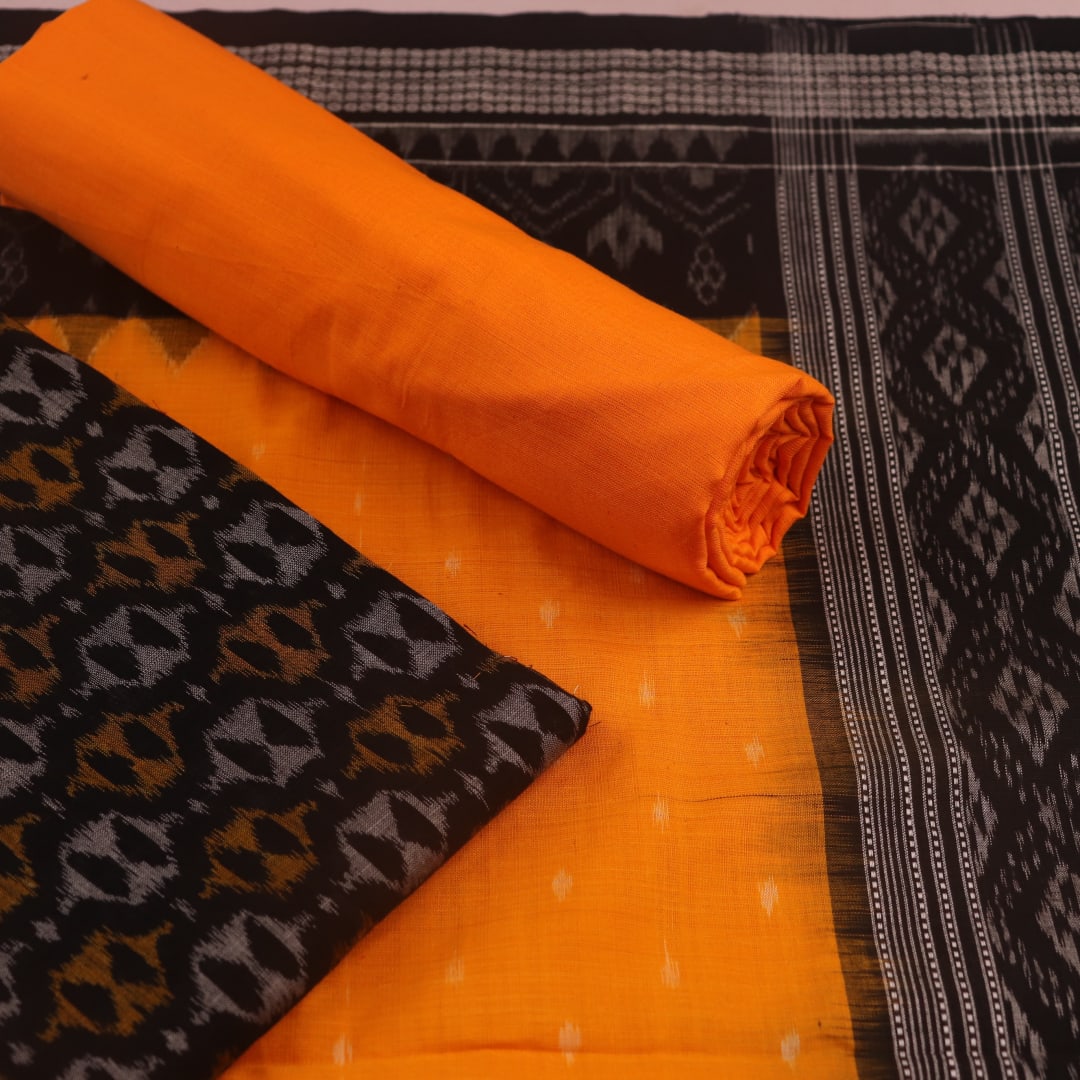 Detail of black and yellow Sambalpuri cotton dress material blouse piece with motifs.
