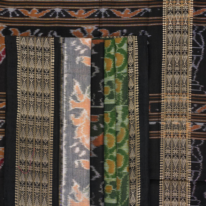 Full layout of green and black Sambalpuri cotton saree showcasing the complete pattern and motifs.