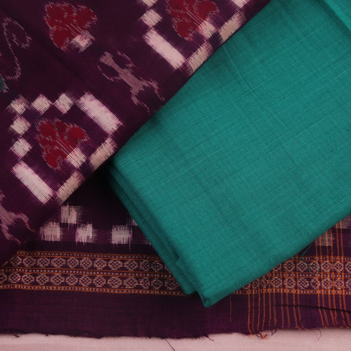 Detail of the purple and green Sambalpuri Pasapalli cotton dress material's blouse piece.