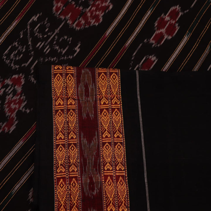 Full view of a maroon Sambalpuri cotton saree with a black Pasapalli pattern.