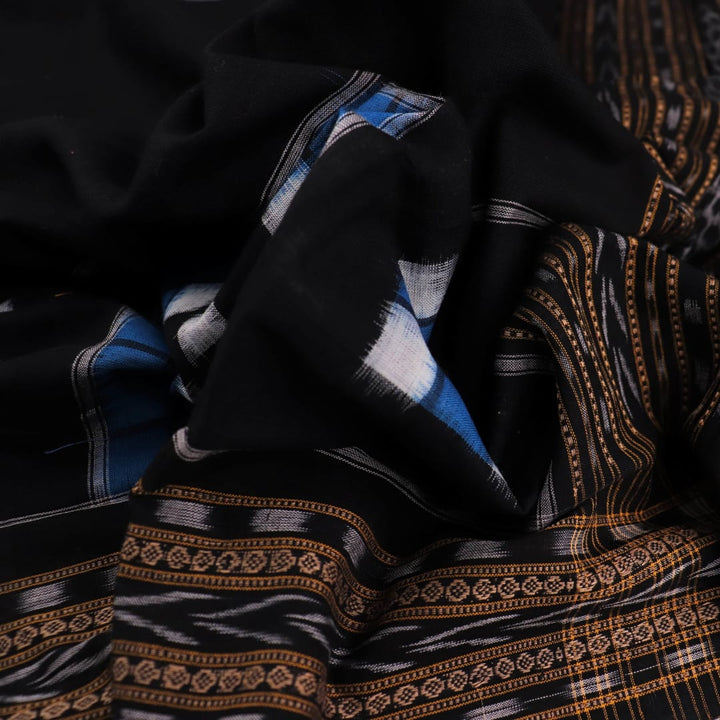 Draped view of a blue and black Pasapalli patterned Sambalpuri cotton dupatta