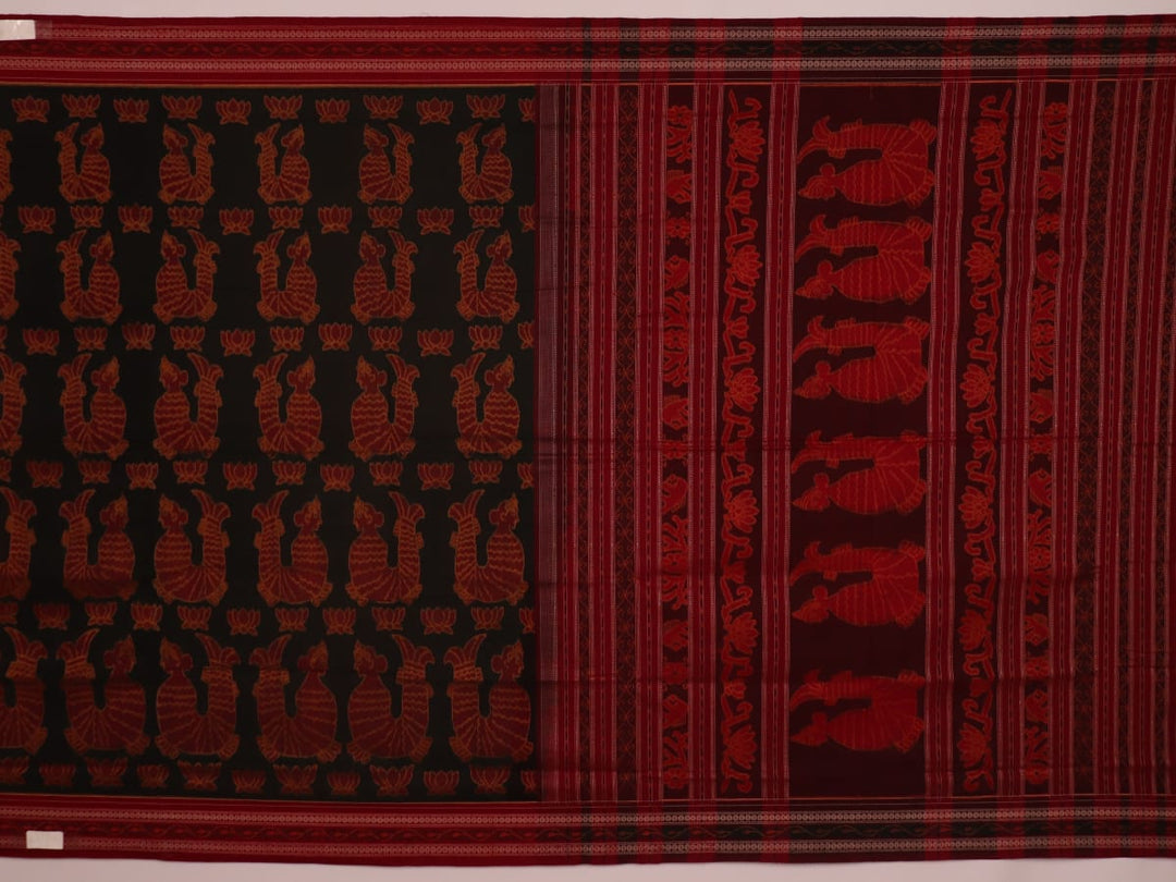 Green and maroon Sambalpuri cotton saree with intricate motifs