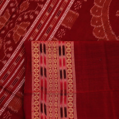Full view of a vibrant yellow cotton Sambalpuri saree with maroon motifs and intricate border design