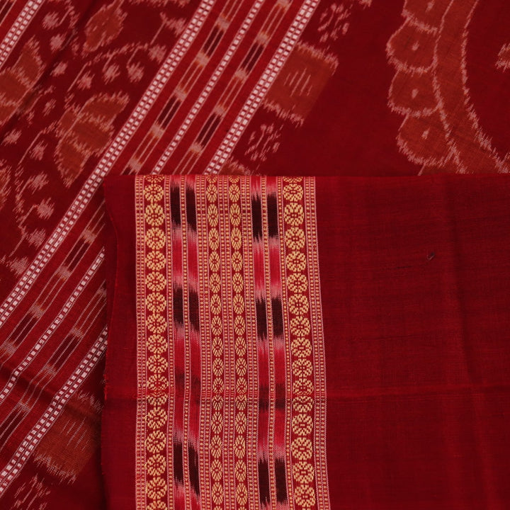 Full view of a vibrant yellow cotton Sambalpuri saree with maroon motifs and intricate border design