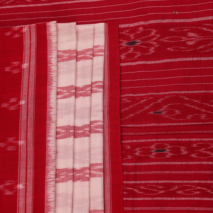 White and red cotton Sambalpuri Saree with motifs, elegantly draped.