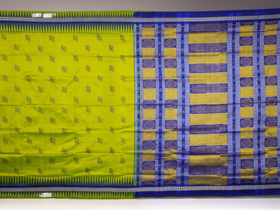 Detailed close-up of the exquisite green Bomkai Silk Saree fabric, highlighting its luxurious silk weave.