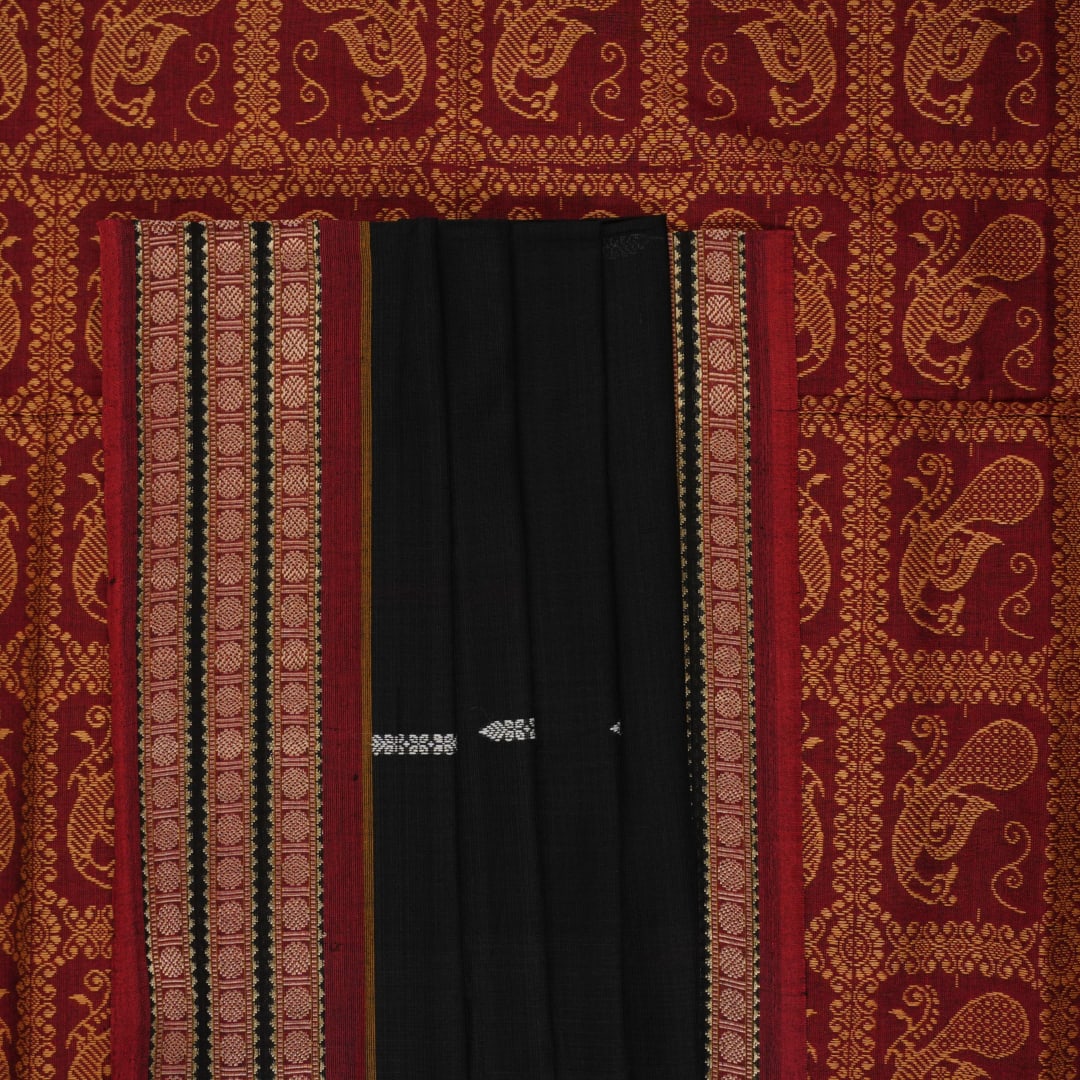 Full flat layout of the black and maroon Bomkai cotton saree with traditional butta patterns and pallu.