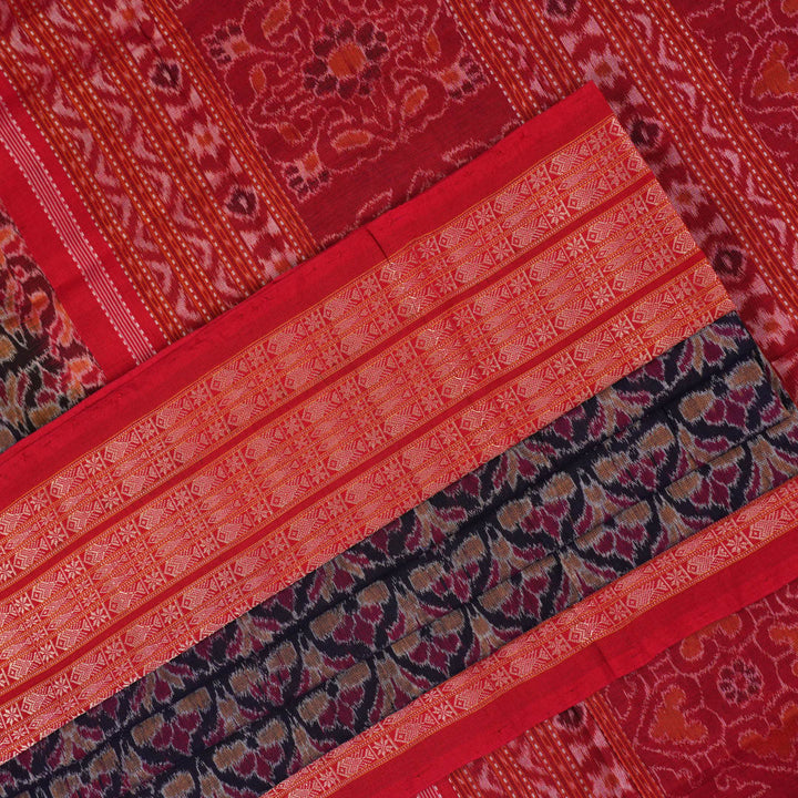 Full layout of a blue and red Sambalpuri cotton saree showcasing the complete pattern and border design.