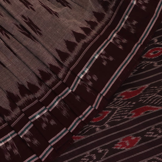 Elegantly draped grey Sambalpuri cotton saree with maroon motifs.