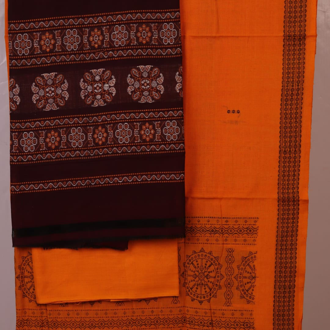 Coordinating maroon and yellow Bomkai cotton blouse piece with subtle border details.