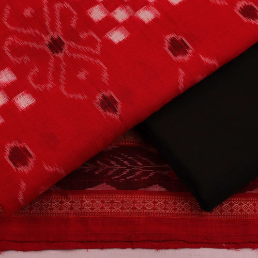 Close-up detail of black Pasapalli pattern on red cotton Sambalpuri dress material blouse piece