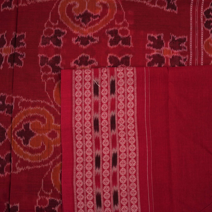 Full view of the red and multicolor Sambalpuri cotton saree displaying the entire Pasapalli layout