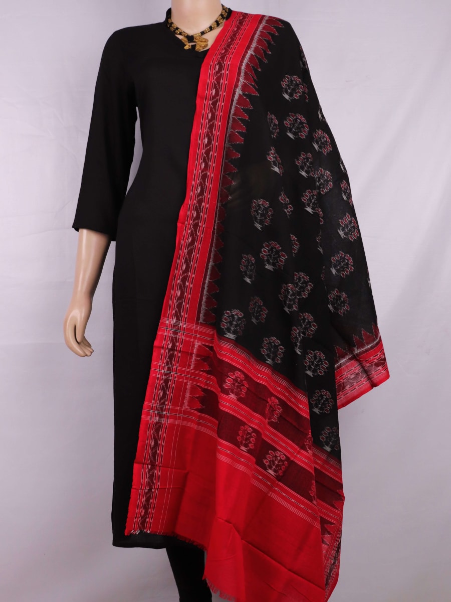 Draped view of a black and red cotton dupatta with Sambalpuri motifs