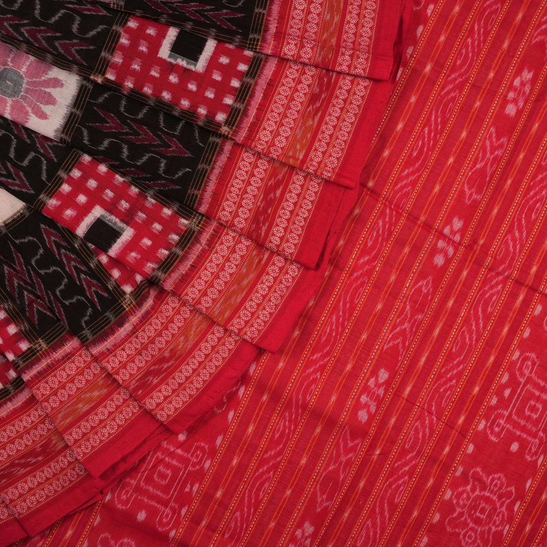 Model styled in a black and red Sambalpuri cotton saree featuring the traditional Pasapalli design.