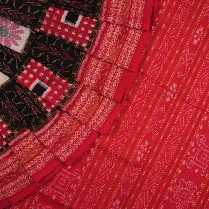 Model styled in a black and red Sambalpuri cotton saree featuring the traditional Pasapalli design.