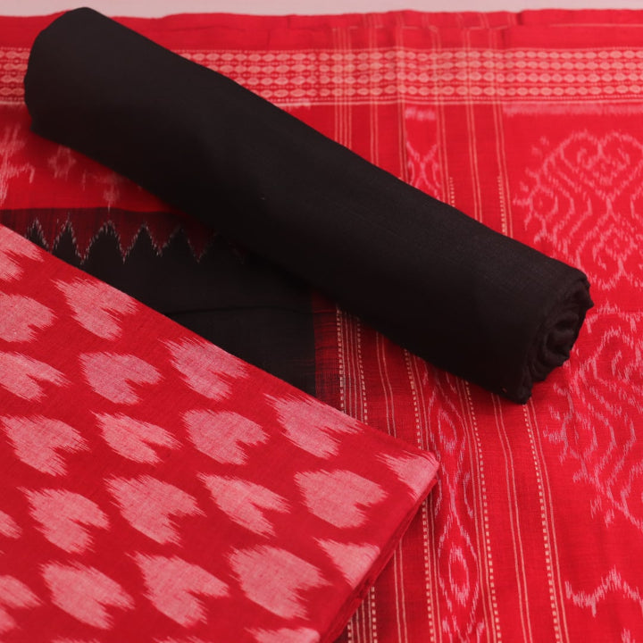 Detail of the Sambalpuri red-black cotton dress material blouse piece with motifs.