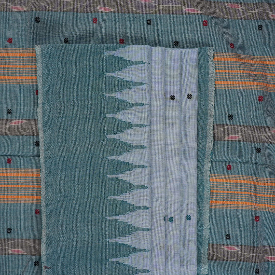 Full layout view of the blue and green Sambalpuri cotton saree showcasing the entire butta design