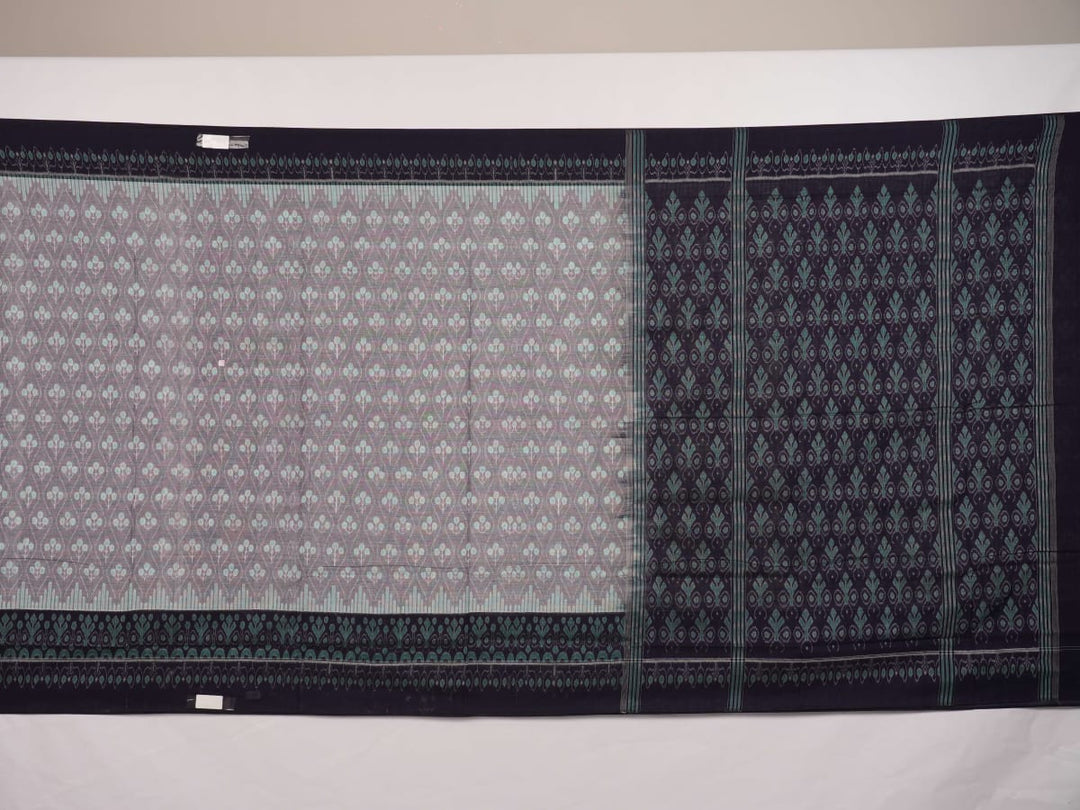 Full product layout of the grey and blue Sambalpuri cotton saree showing body motifs and pallu detail.