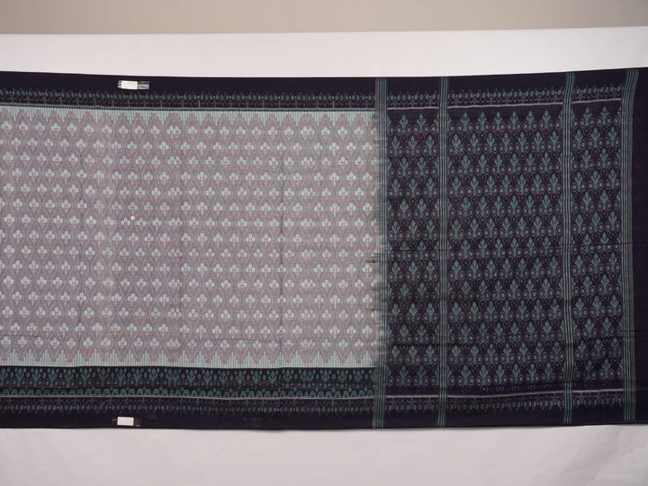 Full product layout of the grey and blue Sambalpuri cotton saree showing body motifs and pallu detail.