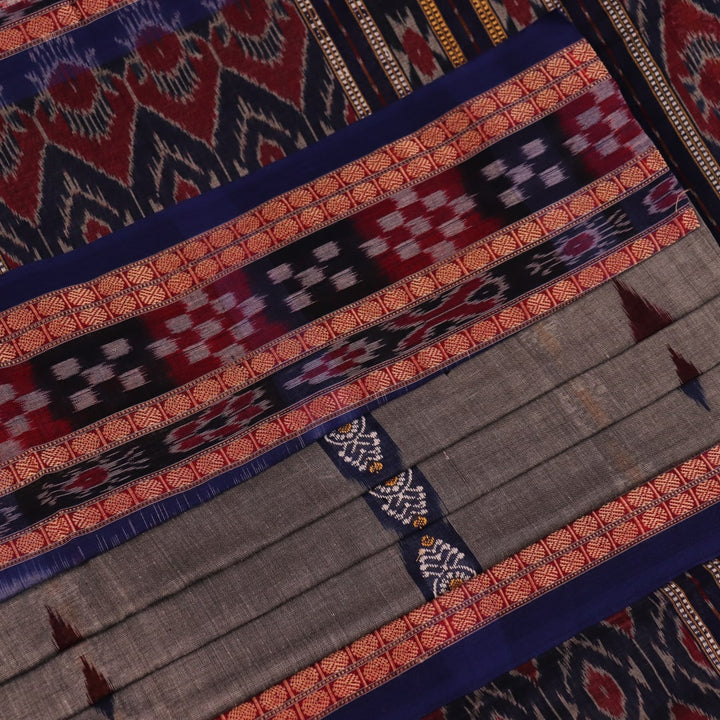 Full view of the grey cotton Bomkai saree with blue butta patterns