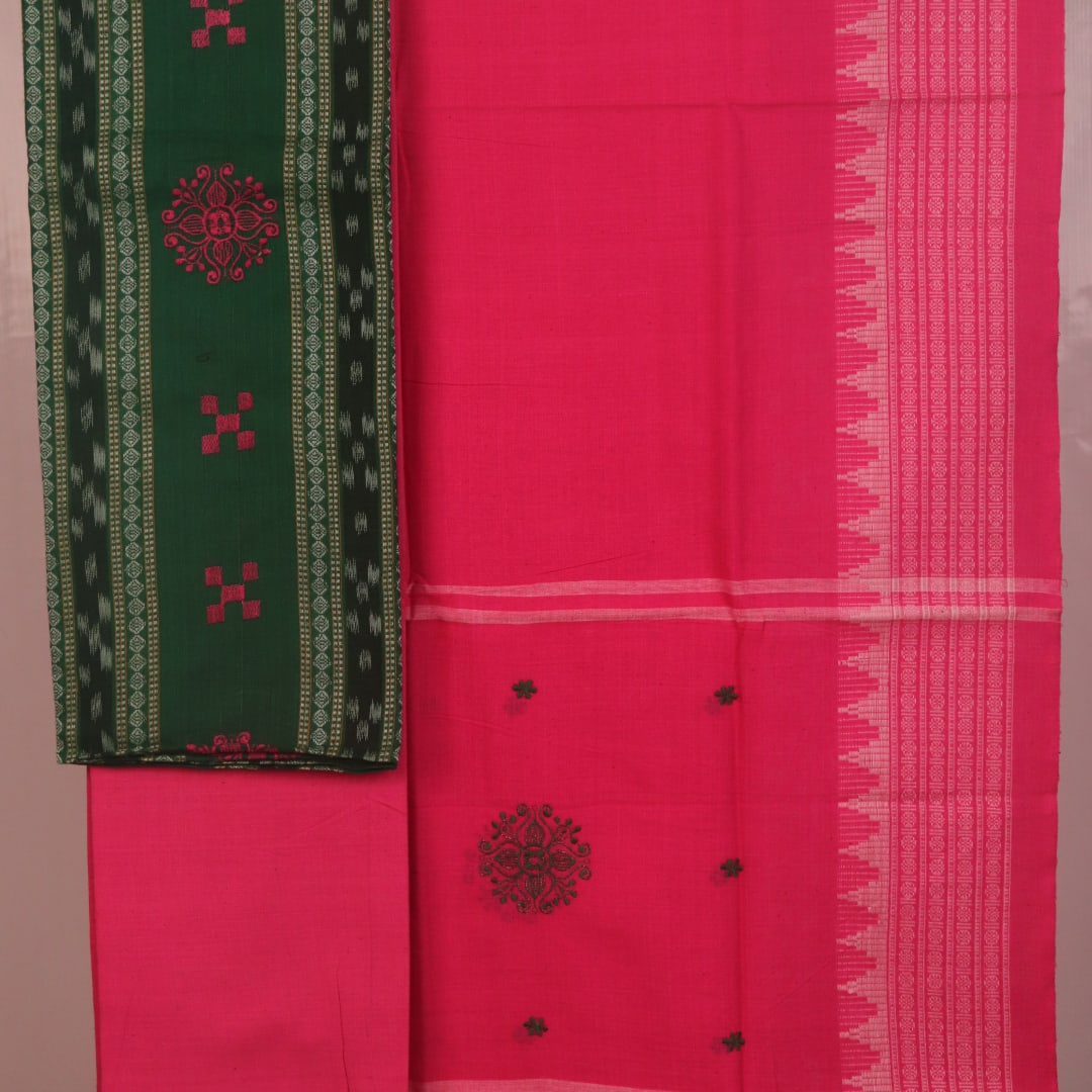 Detail of the blouse piece for a green Sambalpuri cotton dress material with pink motifs.