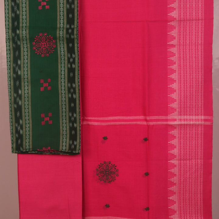 Detail of the blouse piece for a green Sambalpuri cotton dress material with pink motifs.