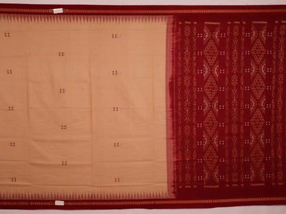 Cream-colored Sambalpuri cotton saree with maroon butta motifs, styled on a model