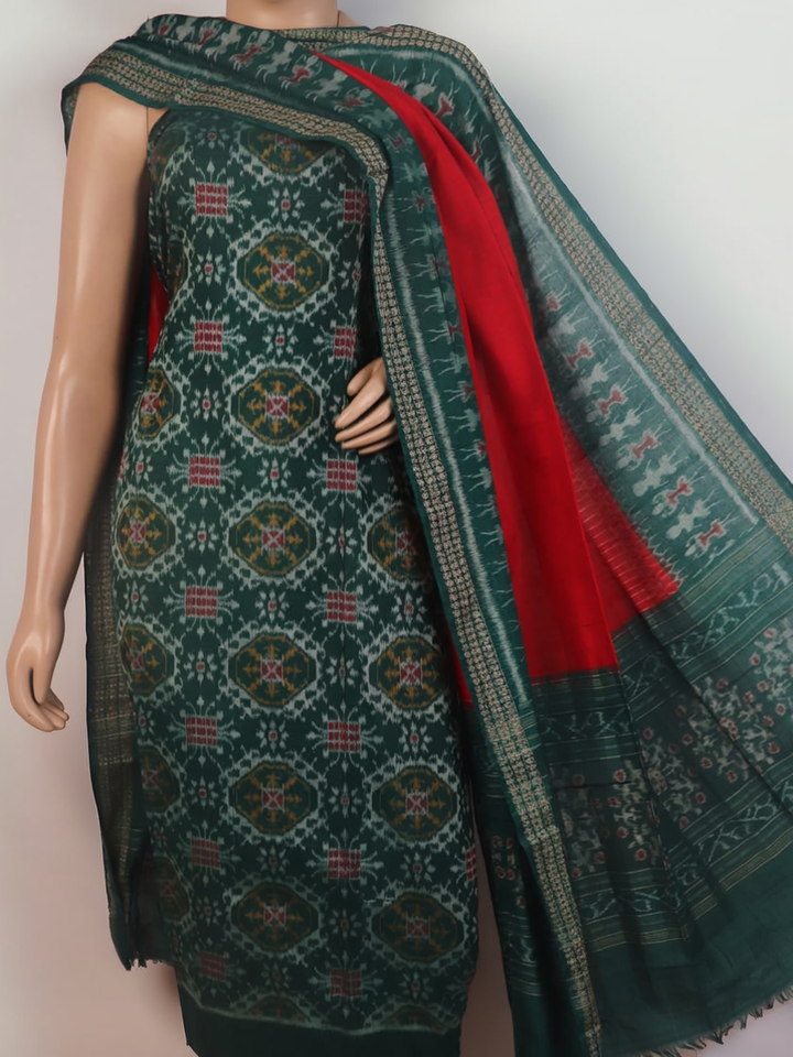 Green & red motif blouse piece detail for Sambalpuri cotton dress material.