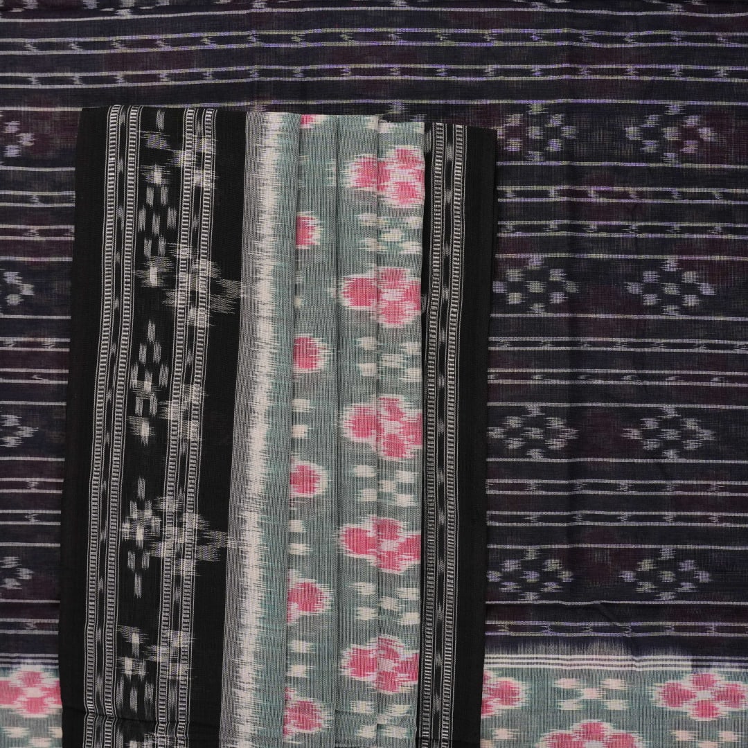 Model wearing a green and black Sambalpuri cotton saree showcasing traditional handloom drape and motifs.