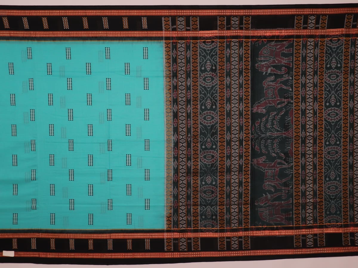 Full view of a green and black cotton Bomkai saree featuring traditional butta patterns