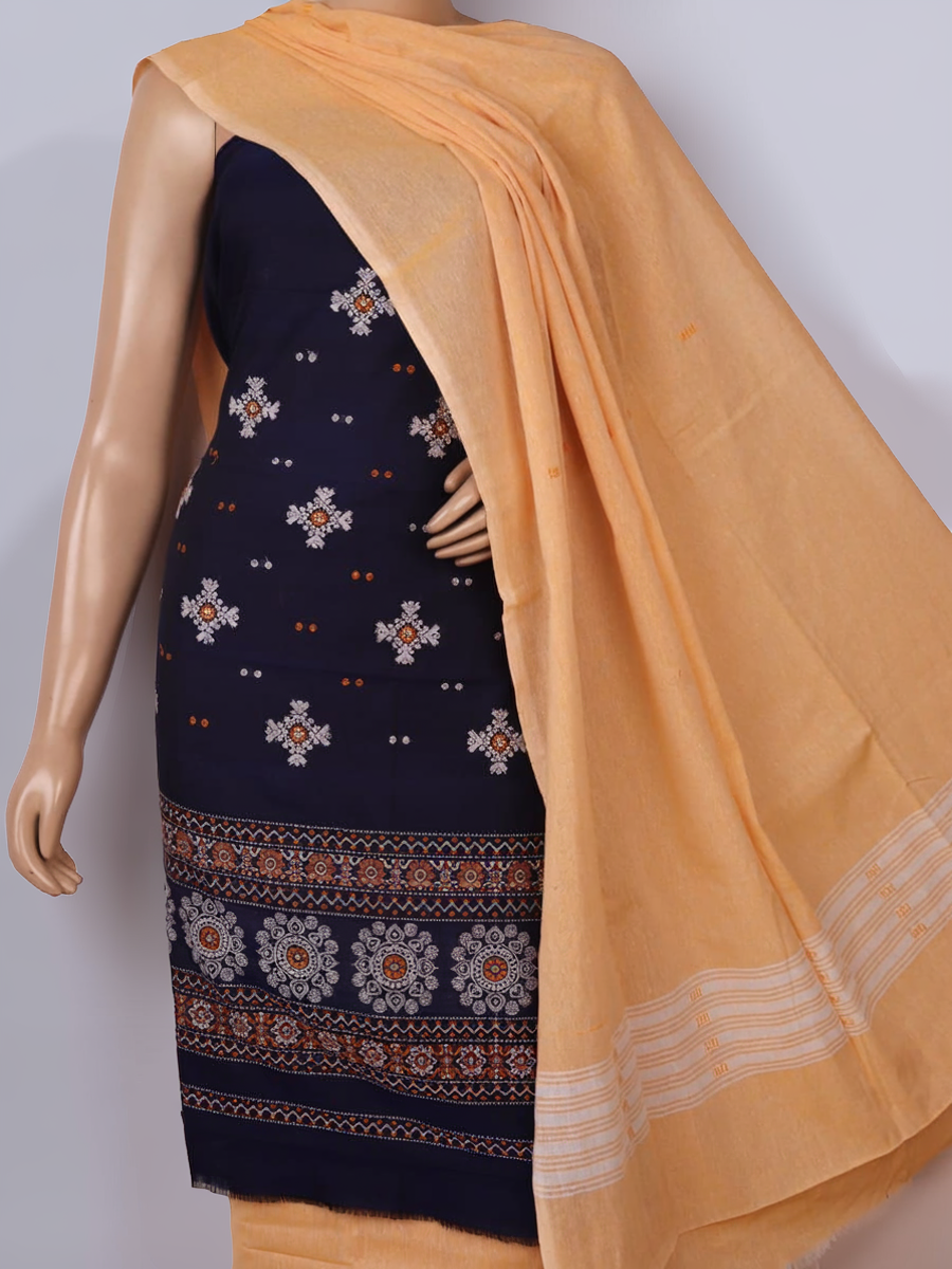 Bomkai Cotton dress material: Blue & cream blouse piece detail with matching border design.