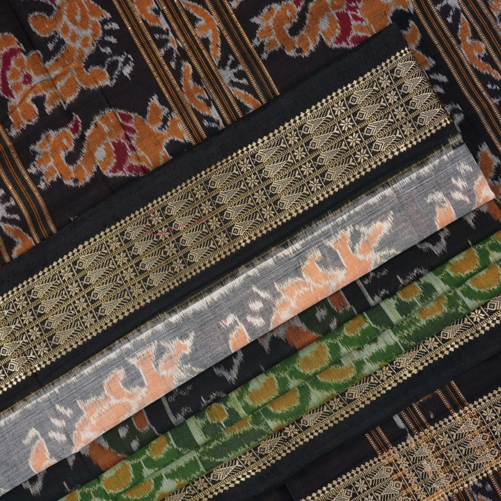 Full layout of green and black Sambalpuri cotton saree showcasing the complete pattern and motifs.