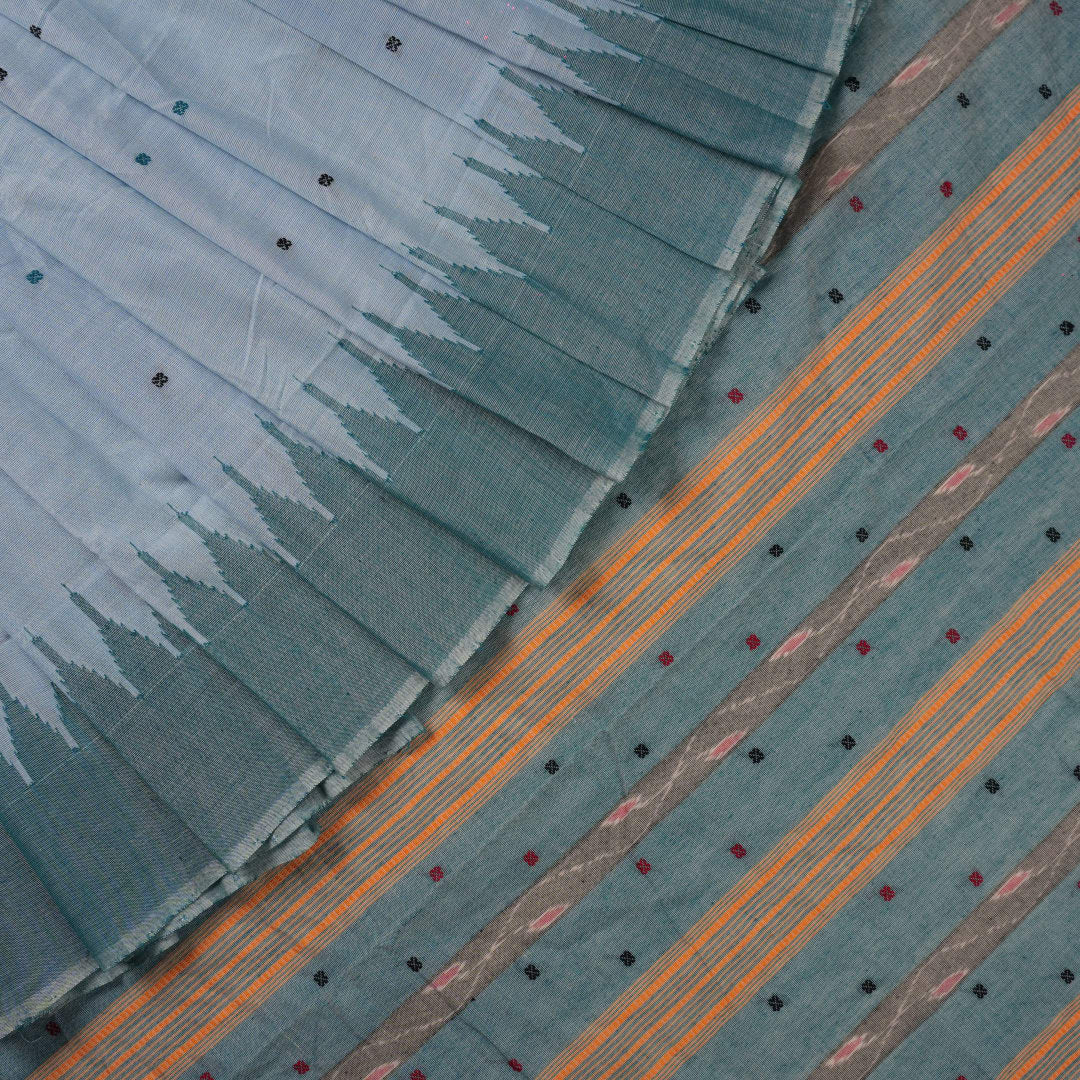 Full layout view of the blue and green Sambalpuri cotton saree showcasing the entire butta design