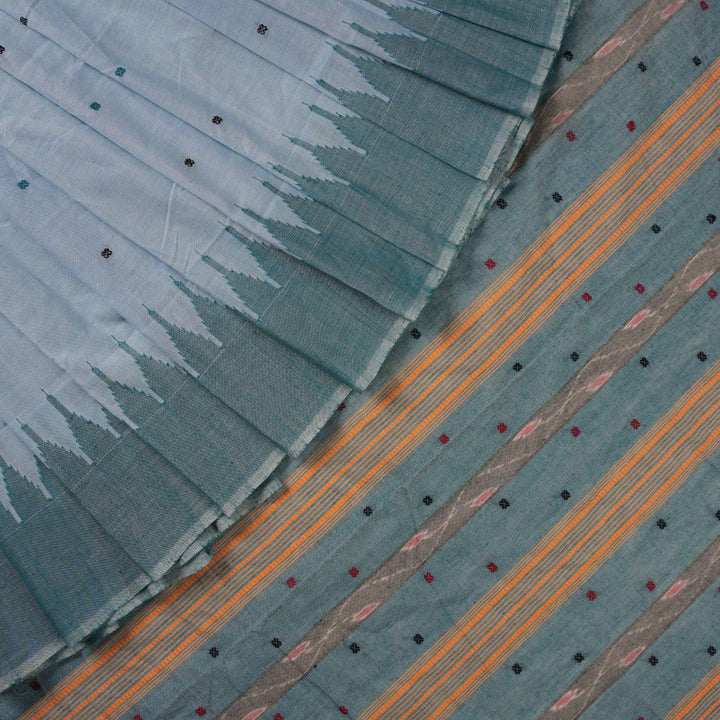 Full layout view of the blue and green Sambalpuri cotton saree showcasing the entire butta design