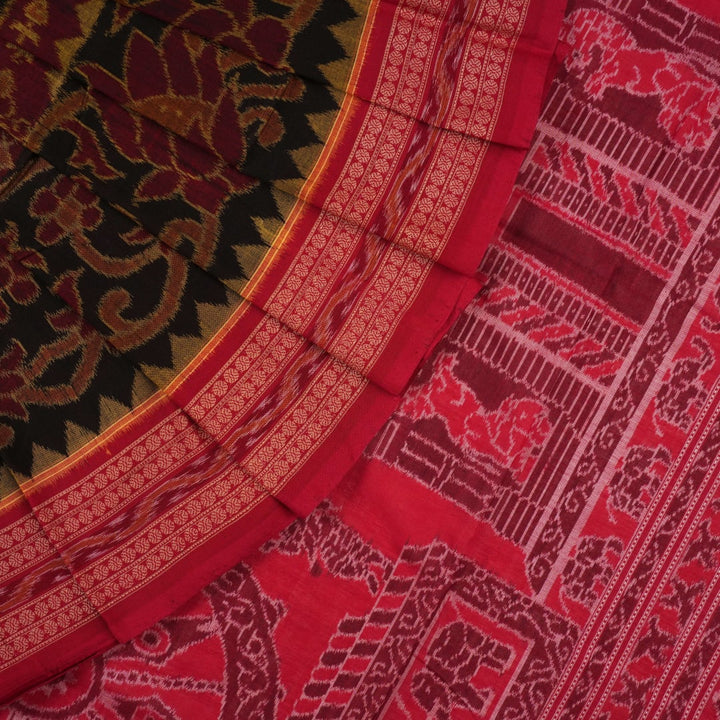 Full layout of the black and red Sambalpuri cotton saree showcasing the complete body pattern and pallu.