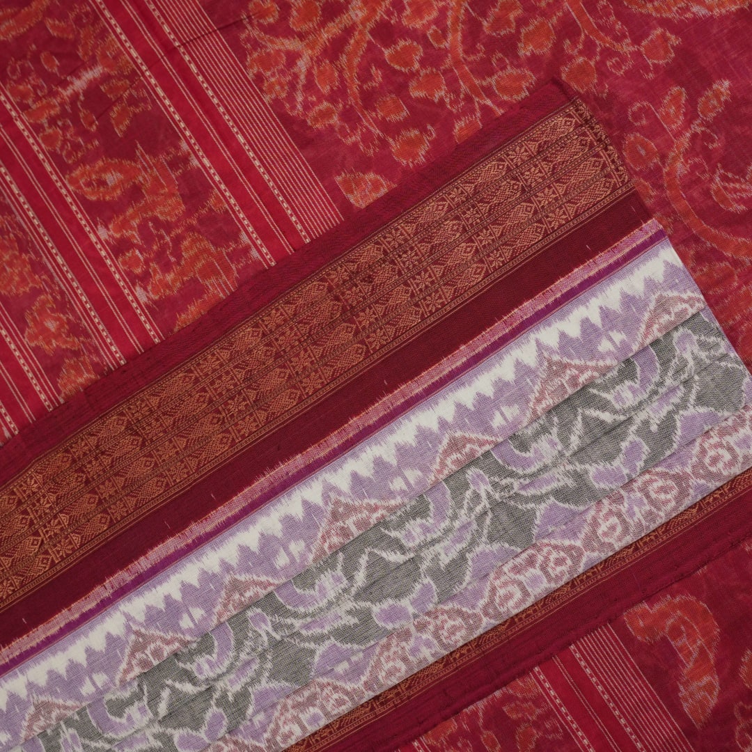 Full layout of a multi-color and maroon Sambalpuri cotton saree displaying the complete design and pallu.