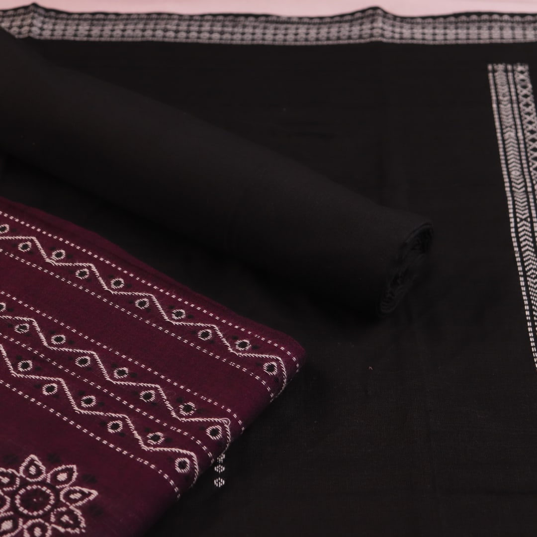 Matching black and purple Bomkai Cotton blouse piece with coordinating butta pattern.