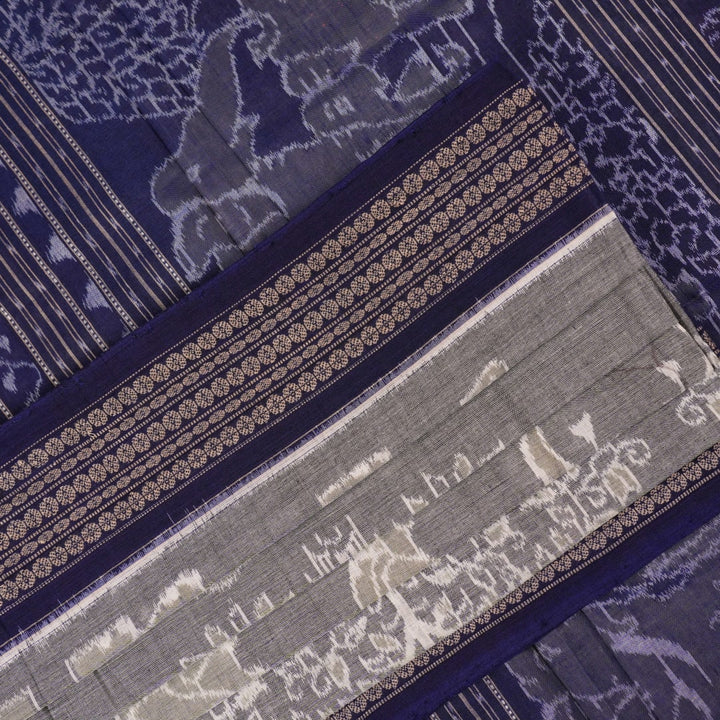 Full layout of the grey and blue Sambalpuri cotton saree displaying the body, border, and intricate pallu