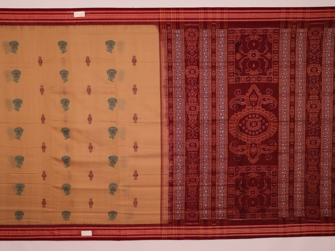 Full view of a traditional brown and maroon Bomkai cotton saree with butta patterns