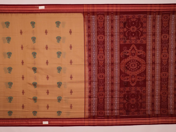 Full view of a traditional brown and maroon Bomkai cotton saree with butta patterns