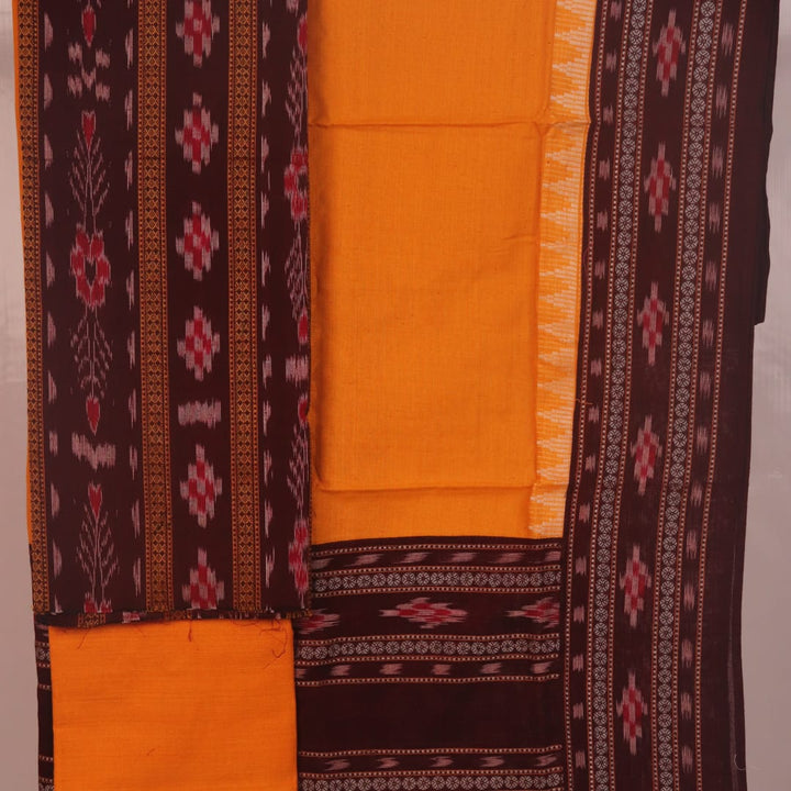 Close-up of the maroon and yellow Sambalpuri cotton blouse piece with motifs for the dress material.